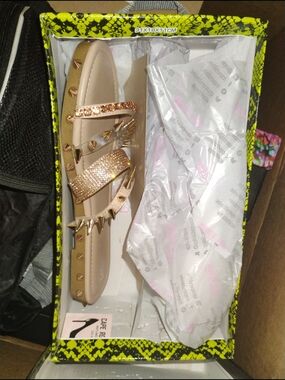 Cape Robbin Beige Slide Sandals with Rose Gold Studs and Crystal Strap